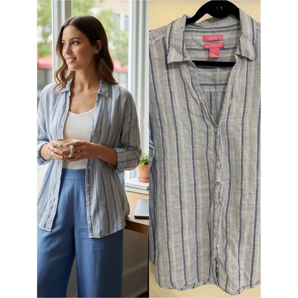 Isaac Mizrahi New York 100% Linen Blue Stripe Button Front Shirt XL Top